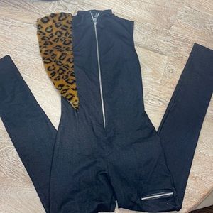 Vintage Halloween costume jumpsuit denim leopard fur zippers